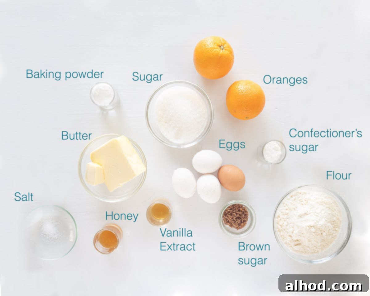 Madeleines ingredients individually labeled on a white background