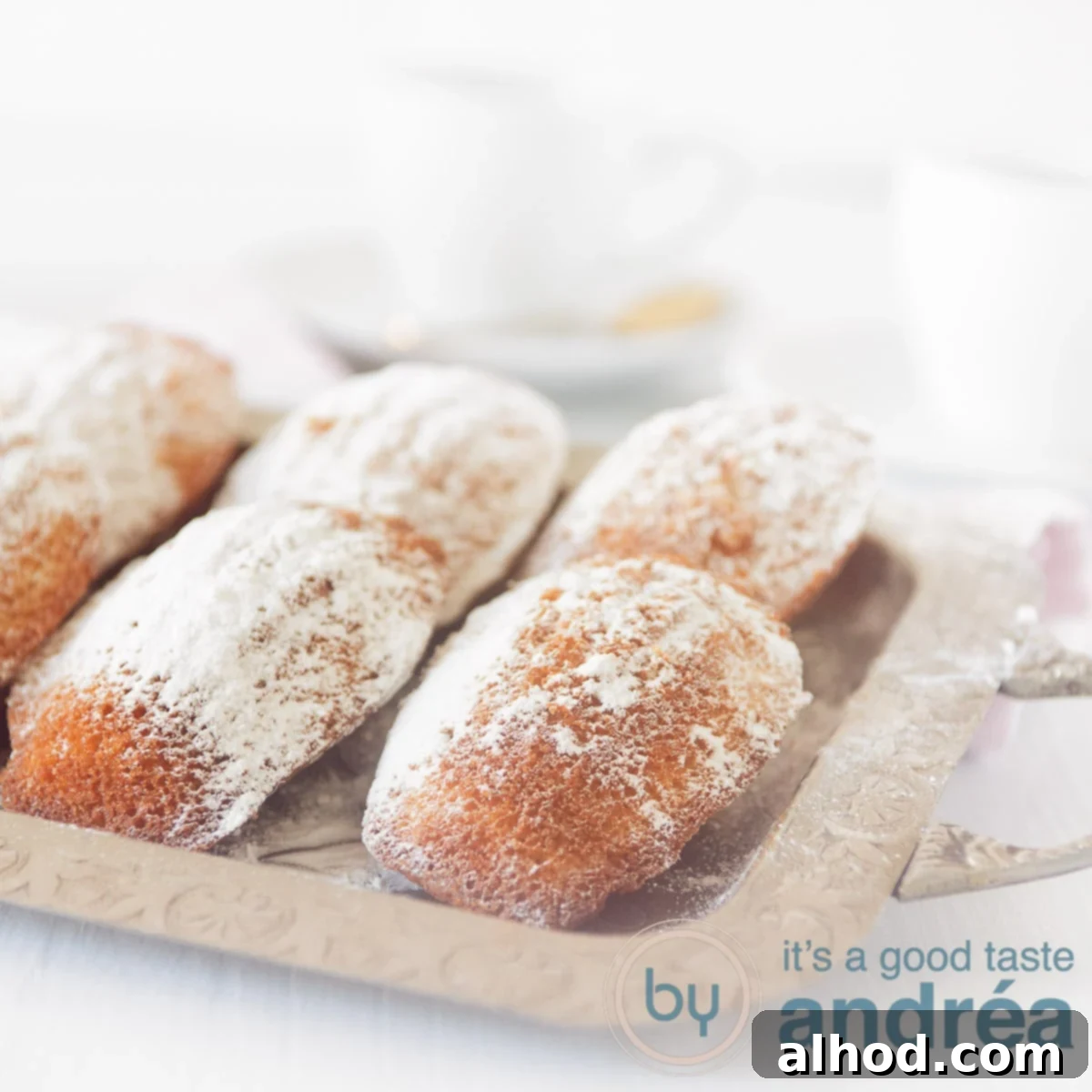 A square photo with an aluminum bowl with madeleines with powdered sugar on a white background