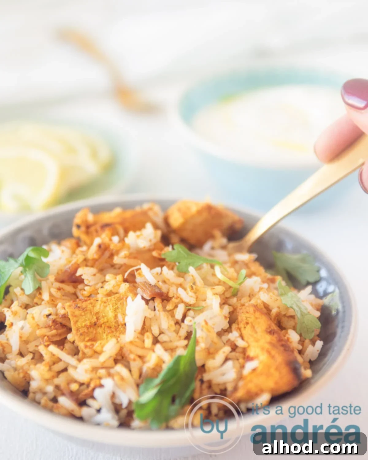 Chicken tikka biryani in a bowl