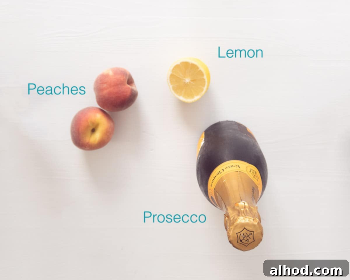 Peach Bellini 3 Ingredients Bellini Cocktail with Peach Puree on a white background with text overlay