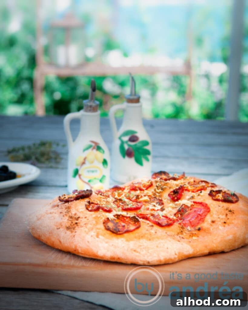 Mediterranean Tomato Herb Focaccia with Parmesan 2 A beautifully baked Focaccia with sliced tomatoes, green Italian herbs, and grated Parmesan cheese, ready to be served at a party or BBQ.