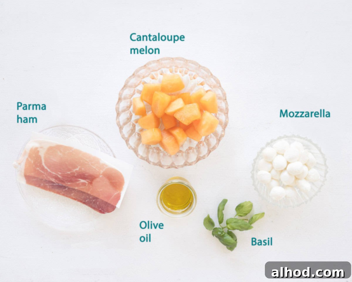 Vibrant Melon & Prosciutto Salad with Creamy Mozzarella 3 Ingredients for Melon Salad with Mozzarella & Parma Ham laid out on a white background with descriptive labels