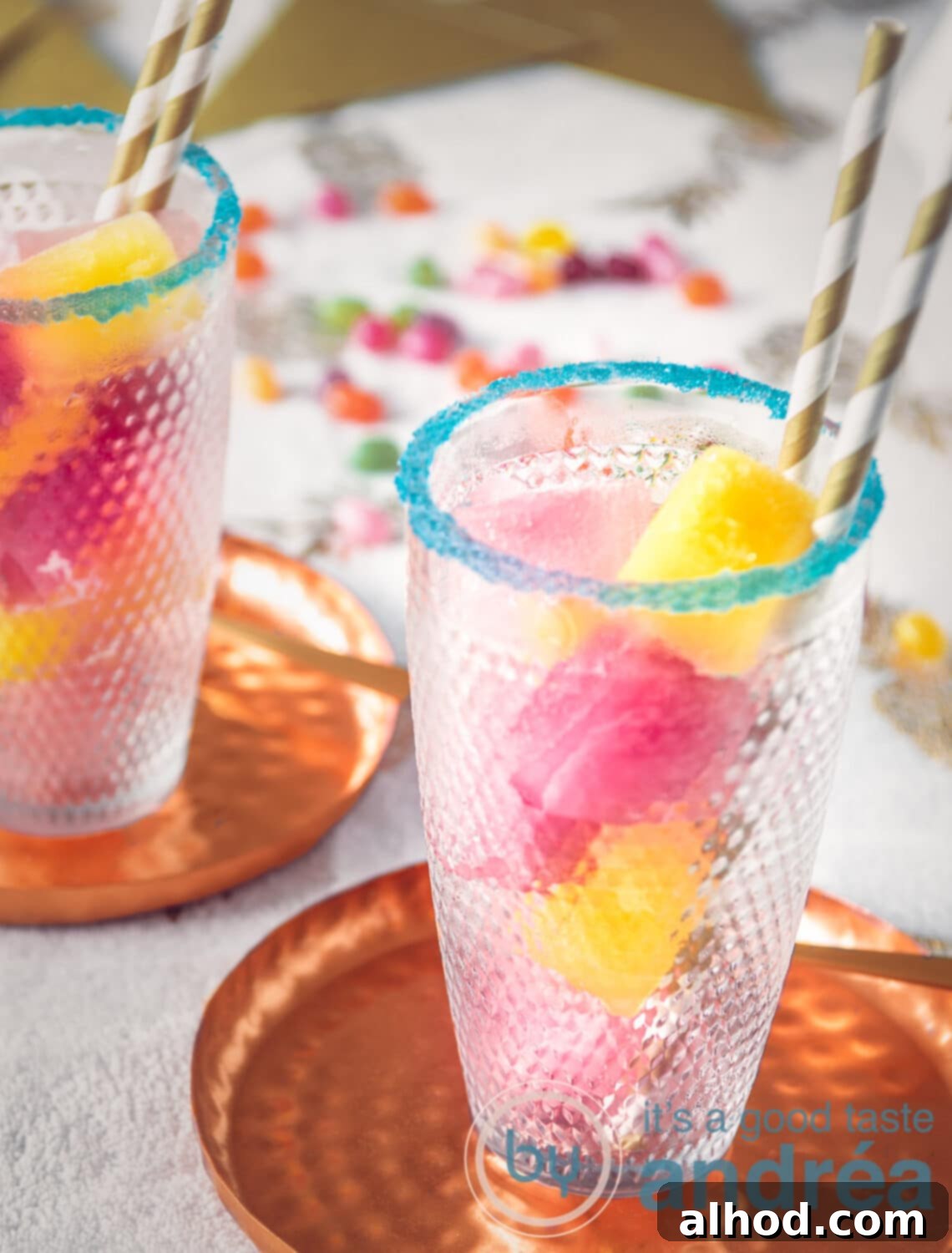 Chilly Cheers for Kids' Birthday Bashes 2 top glasses filled with colored ice cubes