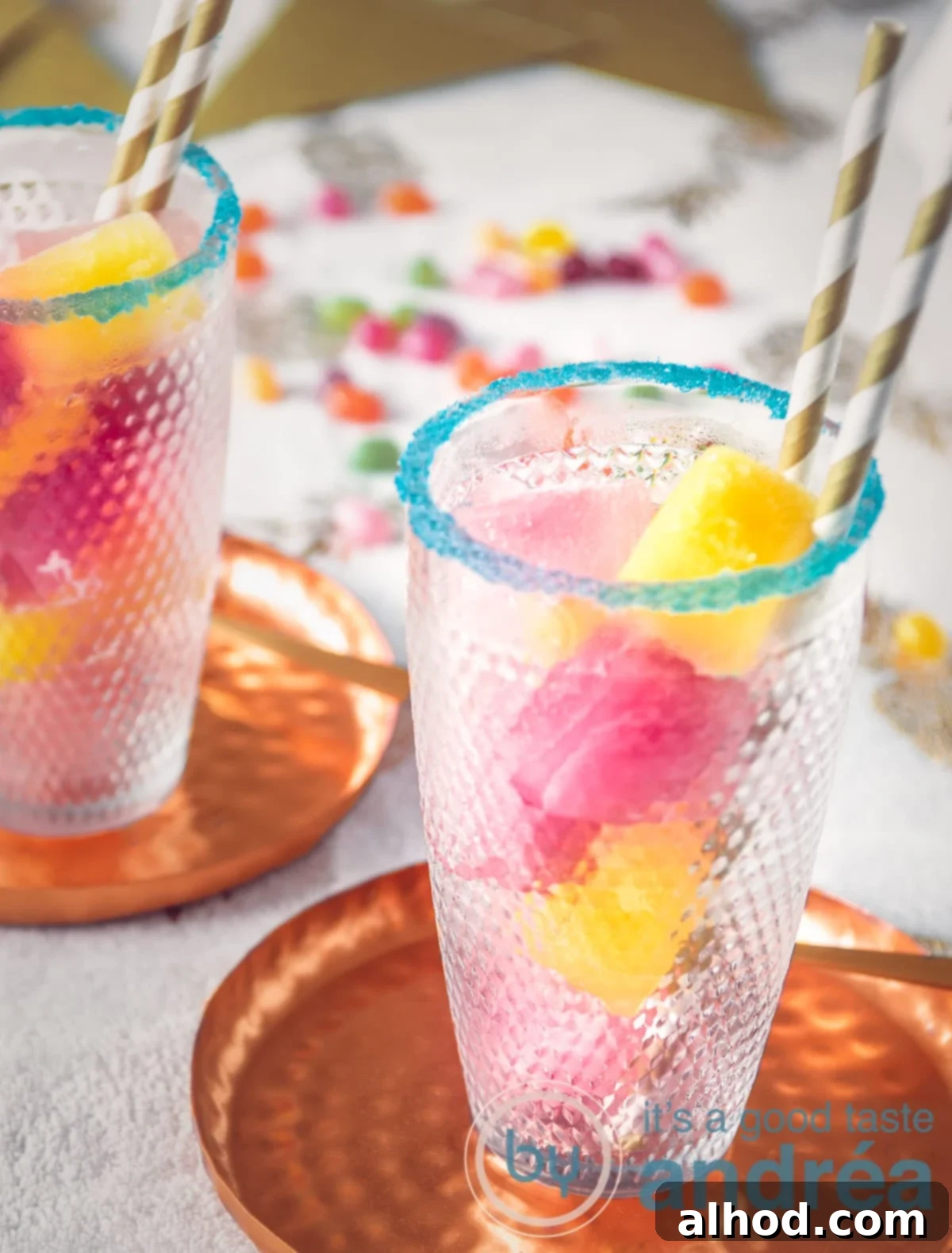 Chilly Cheers for Kids' Birthday Bashes 3 top glasses filled with colored ice cubes