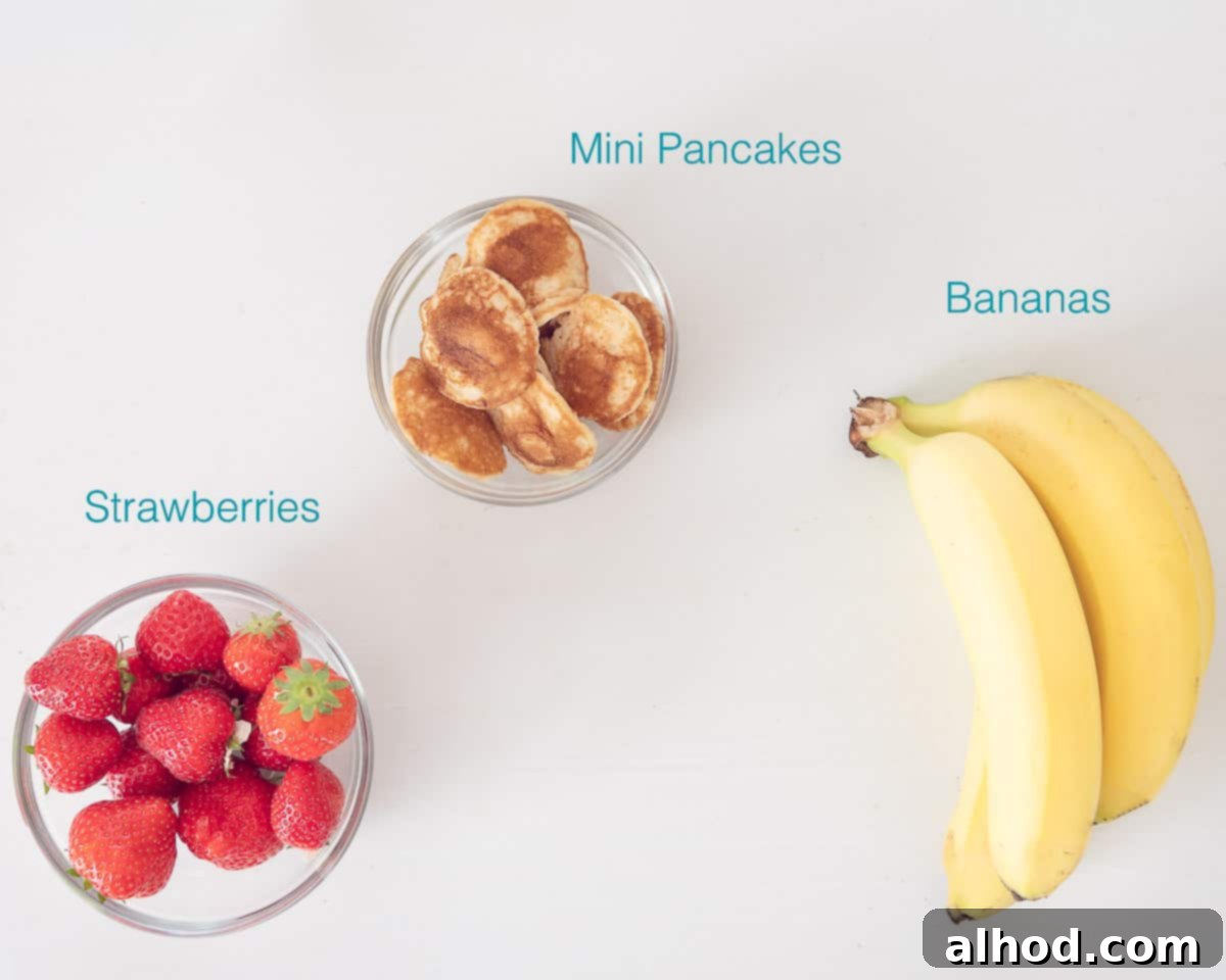 Strawberry Banana Pancake Pops 3 Ingredients Strawberry Banana Pancake Skewers individually labeled on a white background