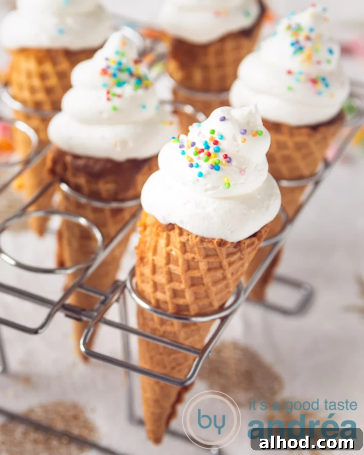 Fun Ice Cream Cone Cupcakes 2 Festive ice cream cone cupcakes presented in a decorative rack, perfect for a child's birthday celebration.