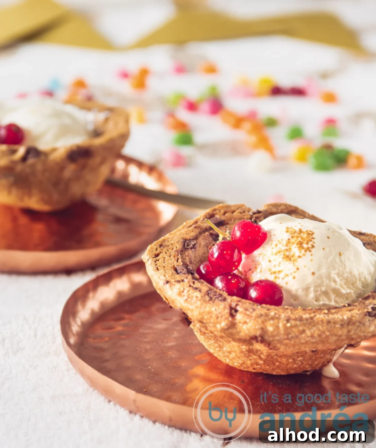Vanilla Dreams in Crispy Cookie Cups 2 2 cookie baskets filled with vanilla ice cream and red berries