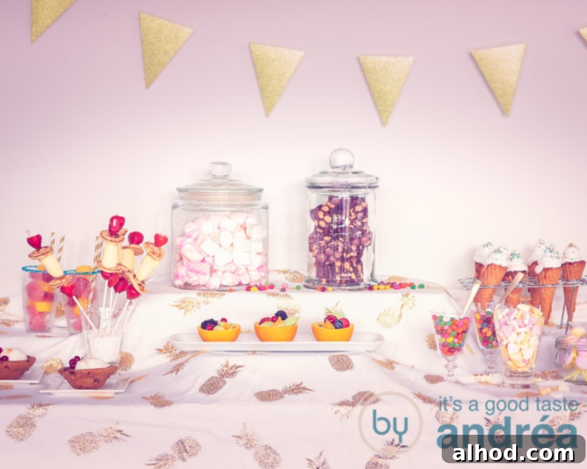 A vibrant sweet buffet table for a children's birthday party, laden with colorful sweets, baked goods, and refreshing drinks. Perfect for a stress-free celebration.