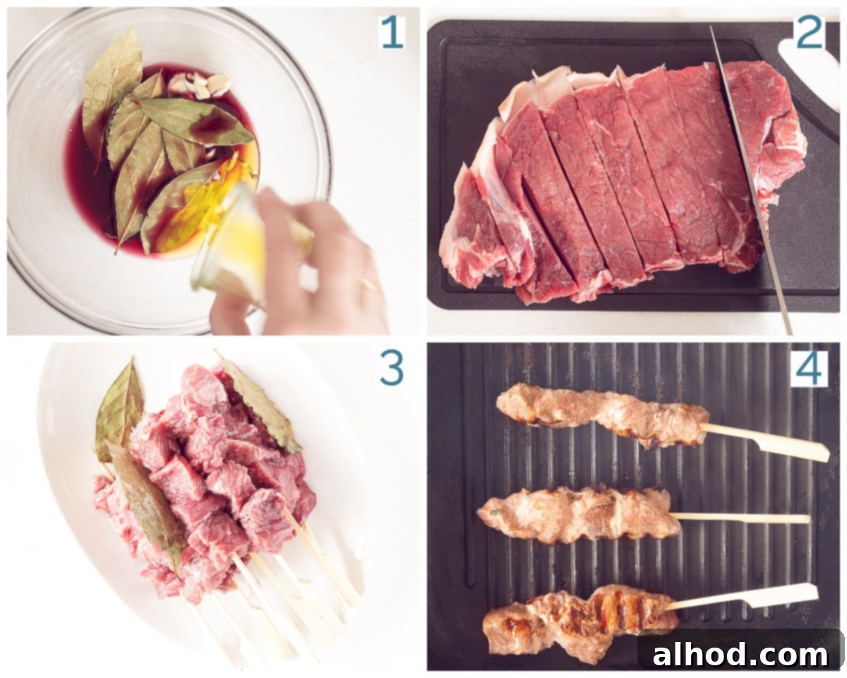 Madeira Style Beef Skewers 4 Preparation in 4 steps Espetada Portuguese Beef BBQ Skewers: cutting meat, marinating, skewering, and grilling.
