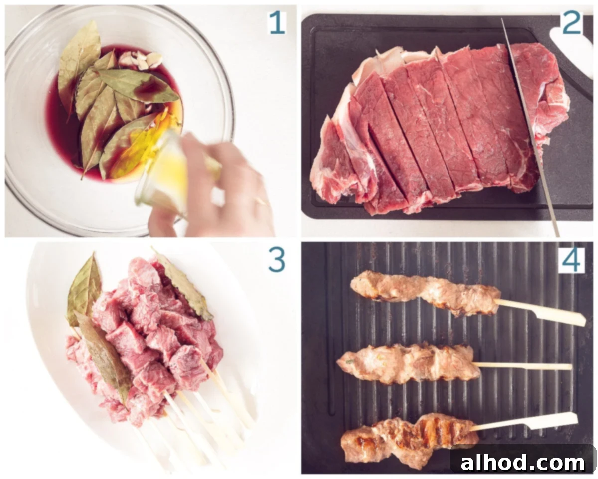 Espetada Madeira Beef Skewers 4 Preparation in 4 steps Espetada Portugesse Beef BBQ Skewers: marinating meat, skewering, seasoning, and grilling.