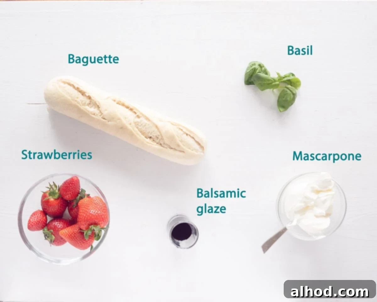 Ingredients Balsamic Strawberry Bruschetta on a white background with individual text descriptions