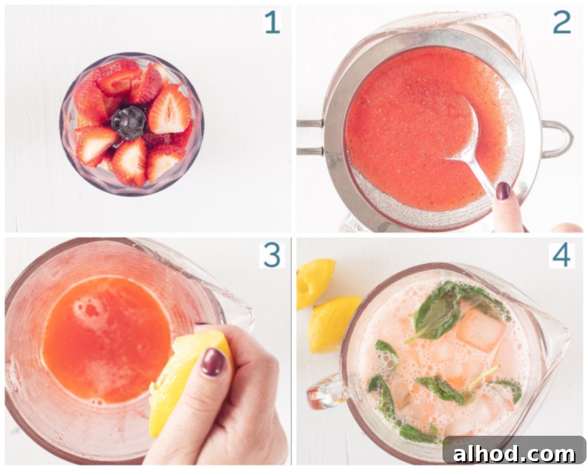Strawberry Lemonade Mocktail with Basil 4 Four step-by-step images showing the process of making homemade strawberry basil lemonade mocktail: blending strawberries and sugar, sieving the juice, adding lemon juice and basil, and finally serving with sparkling water and garnish.