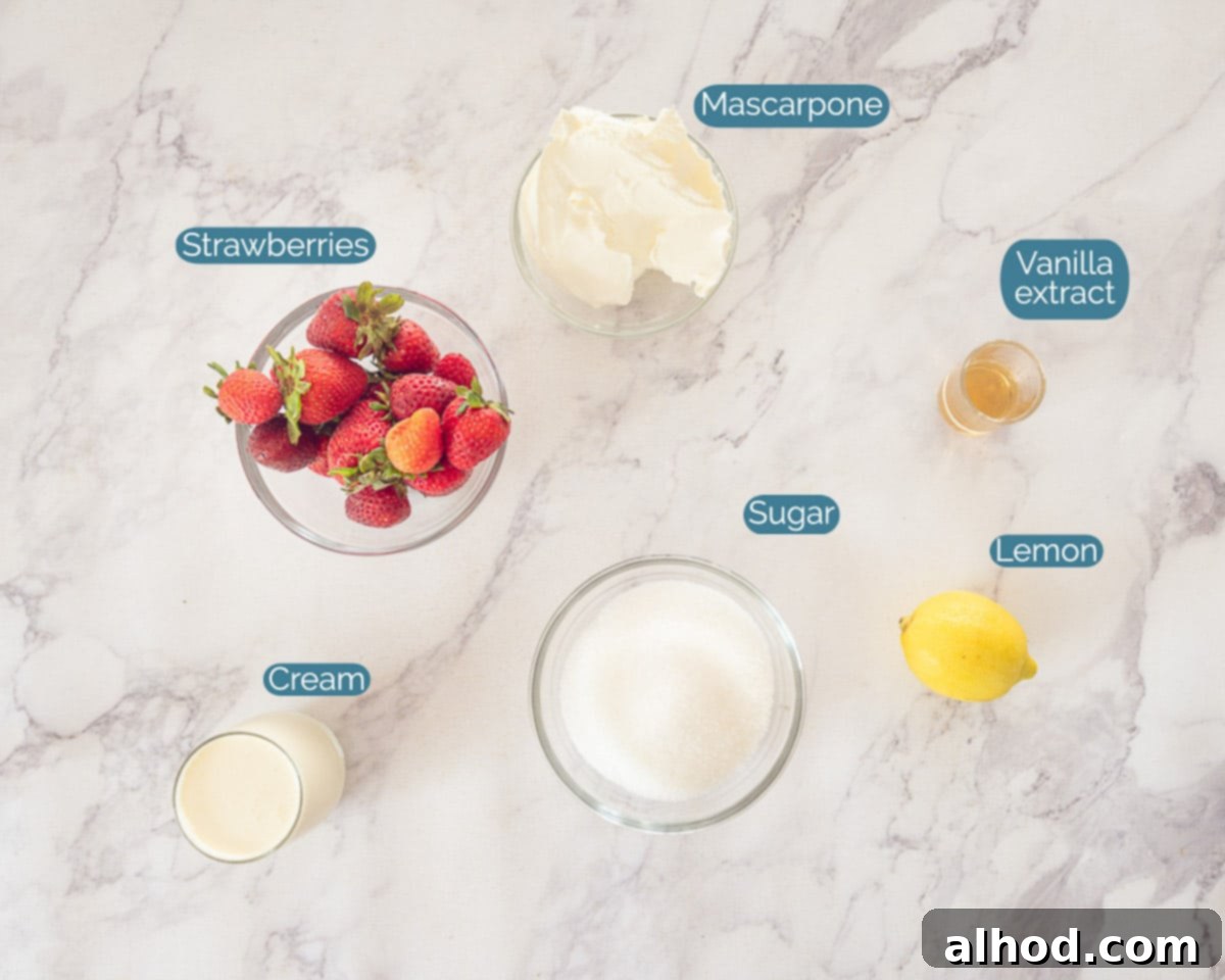 Easy No Churn Strawberry Ice Cream 3 Ingredients No-Churn Strawberry Ice Cream, individually labelled on a white marbled background