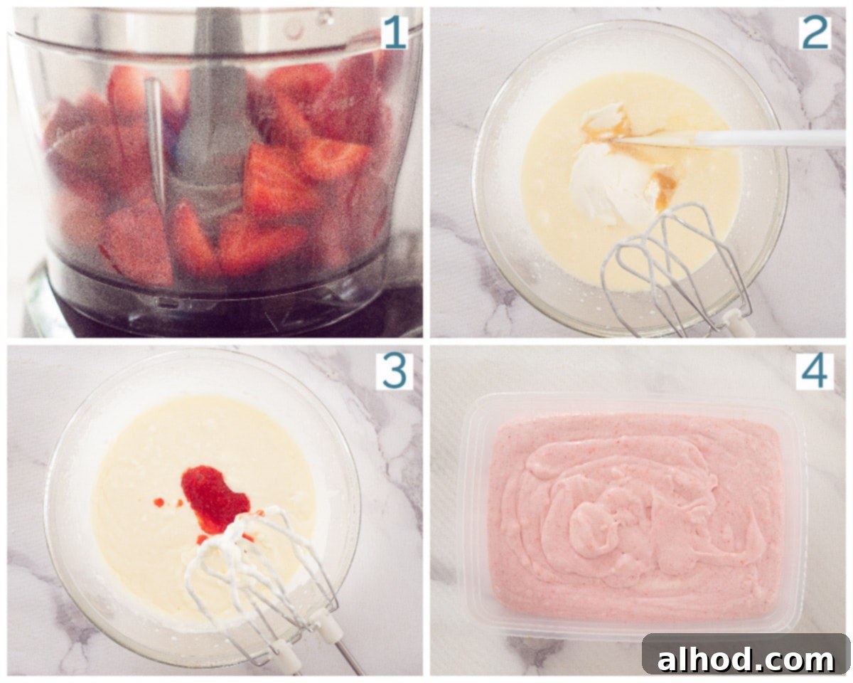 Easy No Churn Strawberry Ice Cream 4 4 collage photo preparation No-Churn Strawberry Ice Cream