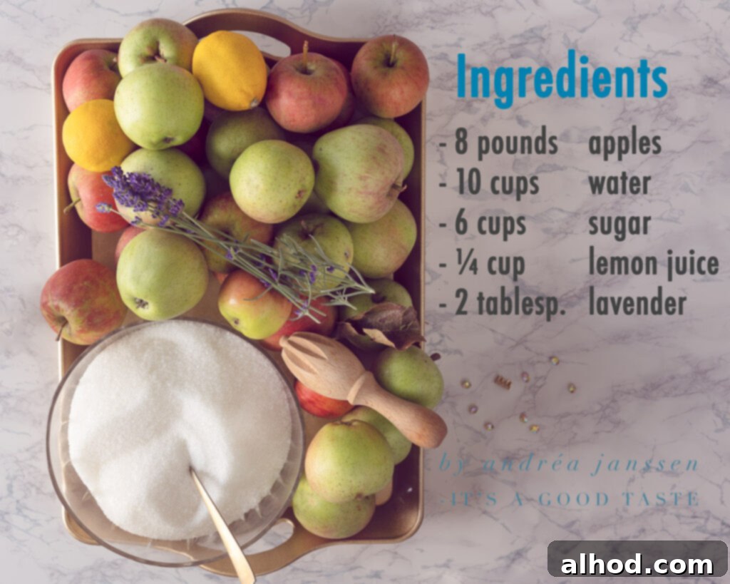 Lavender Kissed Apple Jelly 3 A beautiful flat lay photograph showcasing the ingredients for apple jelly, including fresh apples, granulated sugar, lemons, and sprigs of fragrant lavender.