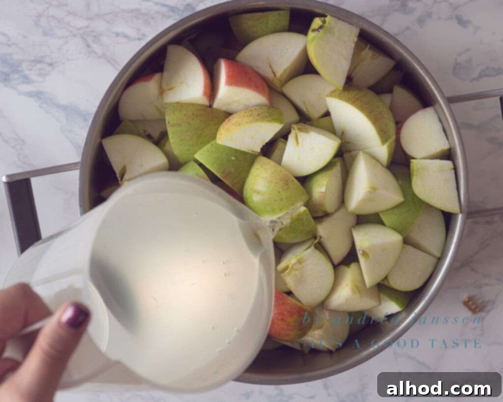 Lavender Kissed Apple Jelly 4 Pouring water over chopped apples in a large cooking pot, ready for the initial simmering stage of apple jelly preparation.