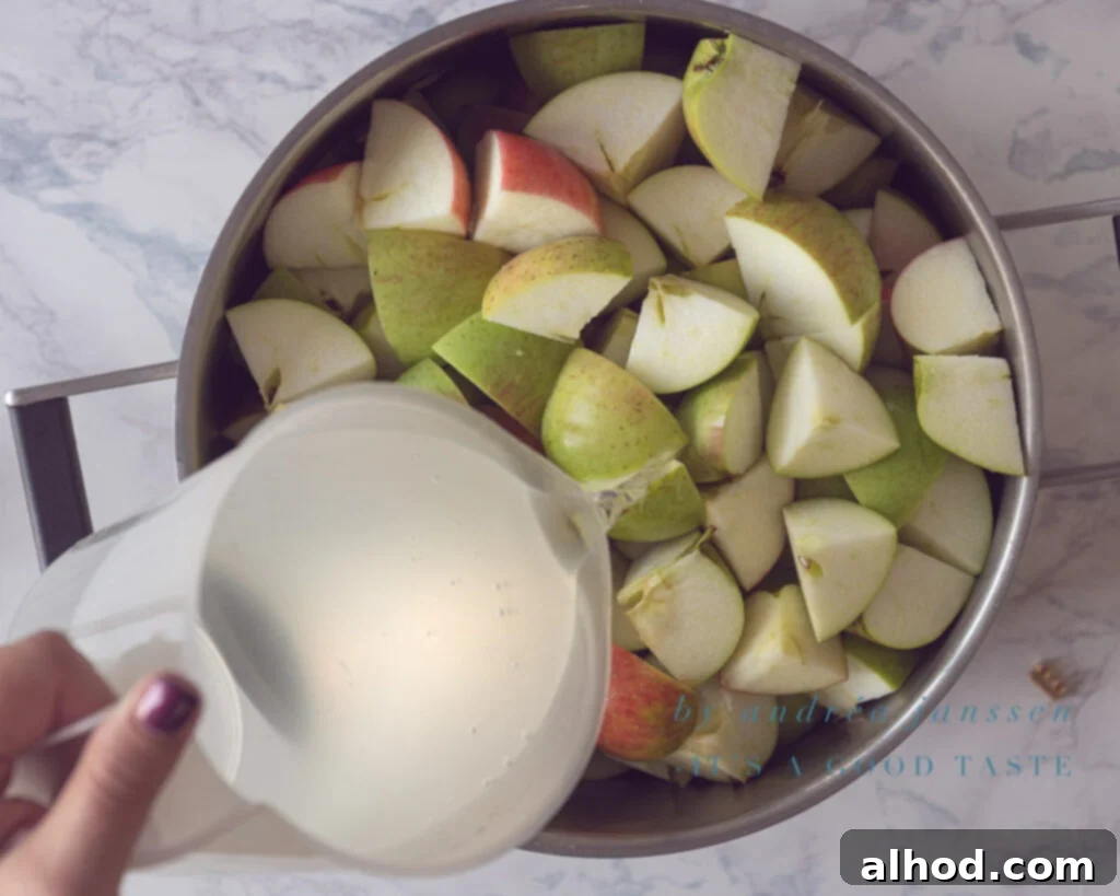 Lavender Kissed Apple Jelly 4 Chopped apples in a large pot, with water being poured over them, preparing for the initial cooking stage of apple jelly.