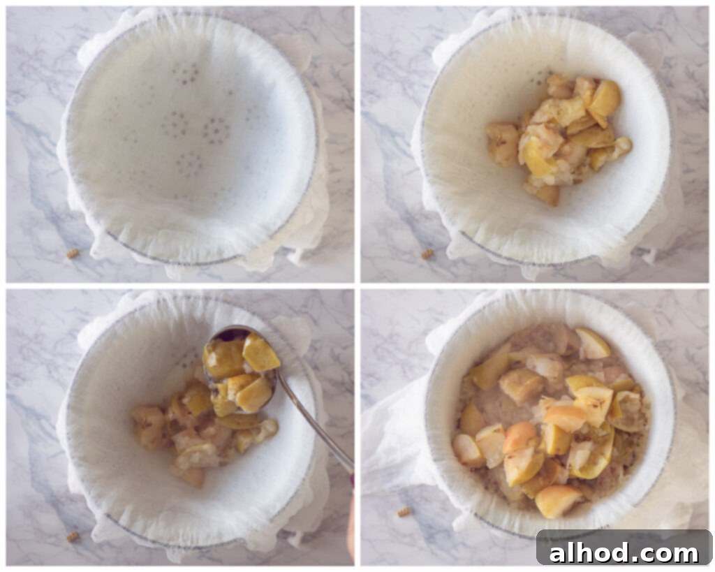 Lavender Kissed Apple Jelly 5 Cooked apple chunks being carefully spooned into a cheesecloth-lined colander set over a large bowl, ready for the slow draining process to extract clear apple juice.