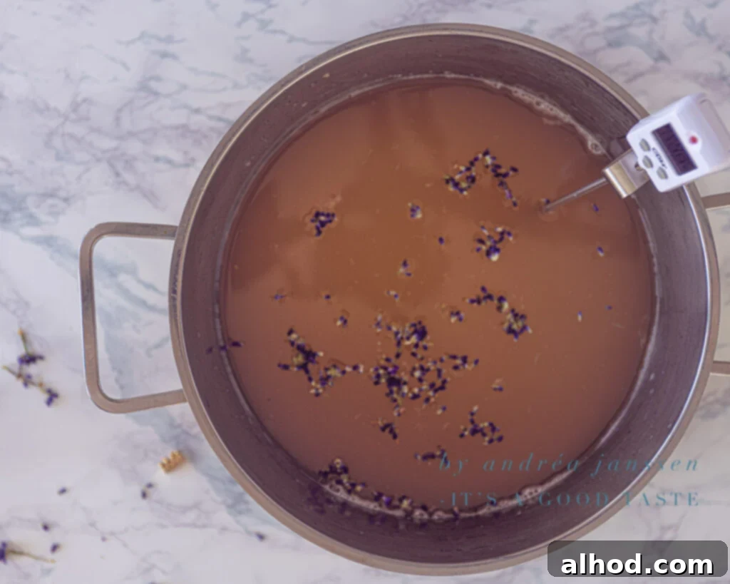 Lavender Kissed Apple Jelly 6 A saucepan filled with apple juice, sugar, lemon juice, and fresh lavender sprigs, simmering on the stove for the jelly to thicken.