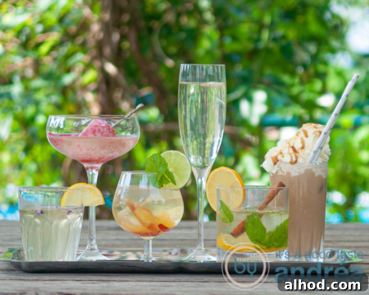 Six vibrant and delicious summer drinks, garnished with fresh fruit and herbs, arranged artfully on a rustic wooden table with a soft green background, inviting summer relaxation.