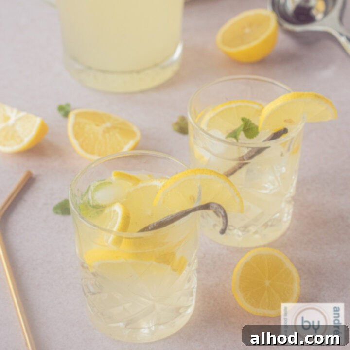 A square picture showcasing two glasses of homemade vanilla lemonade, beautifully garnished with fresh lemon slices and mint leaves.