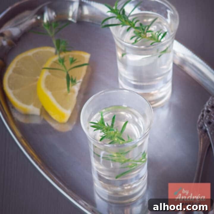 A square photo with a silver tray holding two glasses of ouzo, garnished with fresh lemon and a sprig of rosemary.