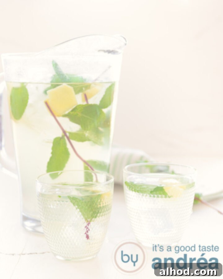 A glass and a jar brimming with homemade ginger iced tea, garnished with fresh mint leaves and thin slices of ginger, all presented against a crisp white background.