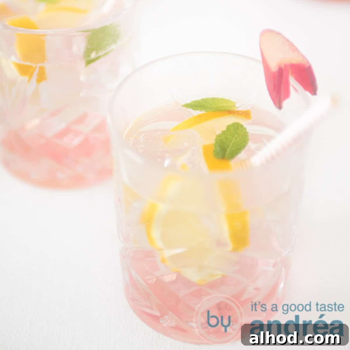 A square photo with two glasses filled with pink Rhubarb Iced Tea, garnished with mint, on a clean white background.