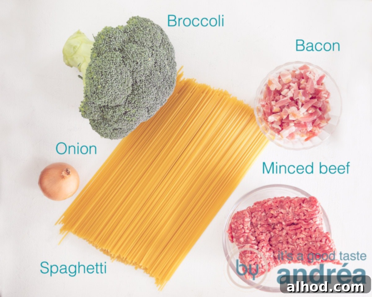 Effortless Broccoli & Bacon Pasta 3 Ingredients laid out for quick broccoli and bacon pasta