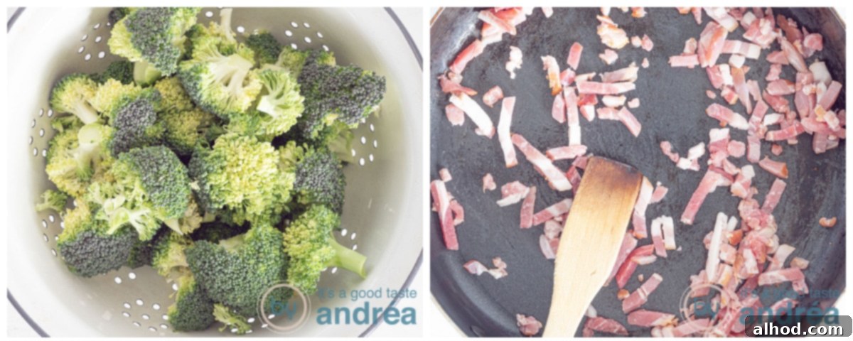 Effortless Broccoli & Bacon Pasta 4 Broccoli florets and crispy bacon frying in a pan