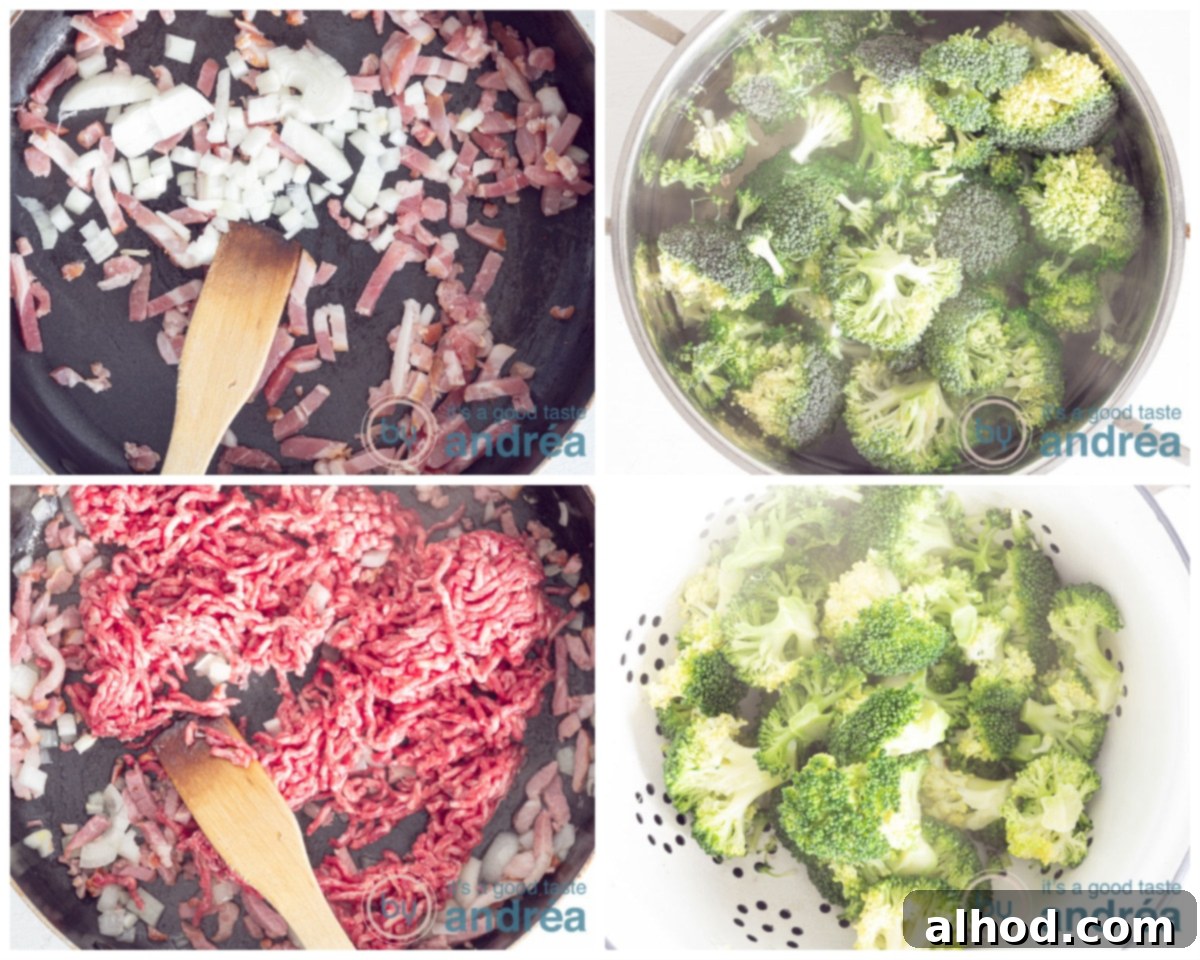 Effortless Broccoli & Bacon Pasta 5 Sautéing onions and ground beef, with broccoli cooking in the background