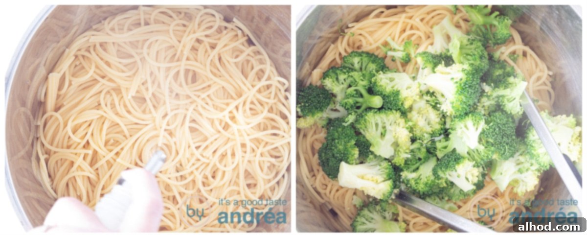 Effortless Broccoli & Bacon Pasta 6 Adding cooked broccoli to spaghetti with a drizzle of olive oil