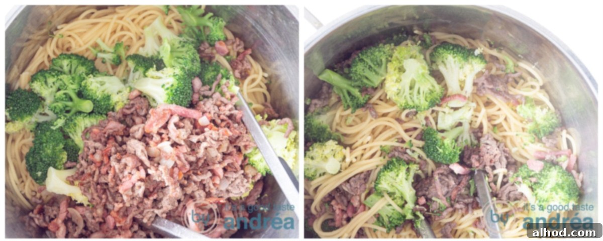 Effortless Broccoli & Bacon Pasta 7 Mixing savory ground beef and bacon into the pasta and broccoli