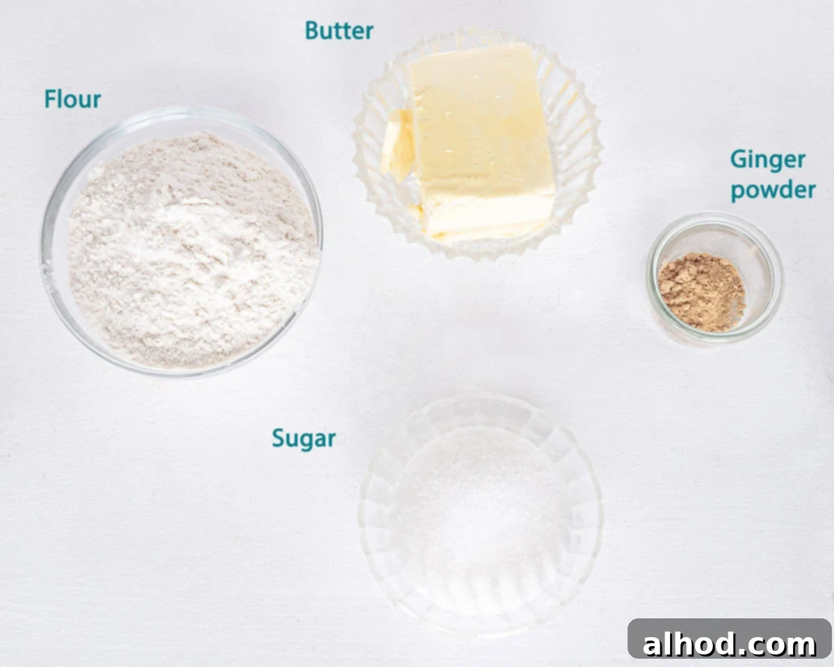 Crisp Ginger Shortbread Delights 3 Ingredients Ginger Shortbread Cookies on a white background with text description