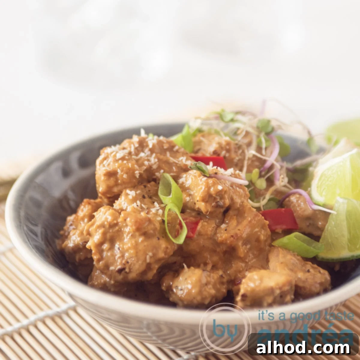 Luscious Sweet Soy Pork 6 a grey bowl with diced gammon steak and a creamy sauce