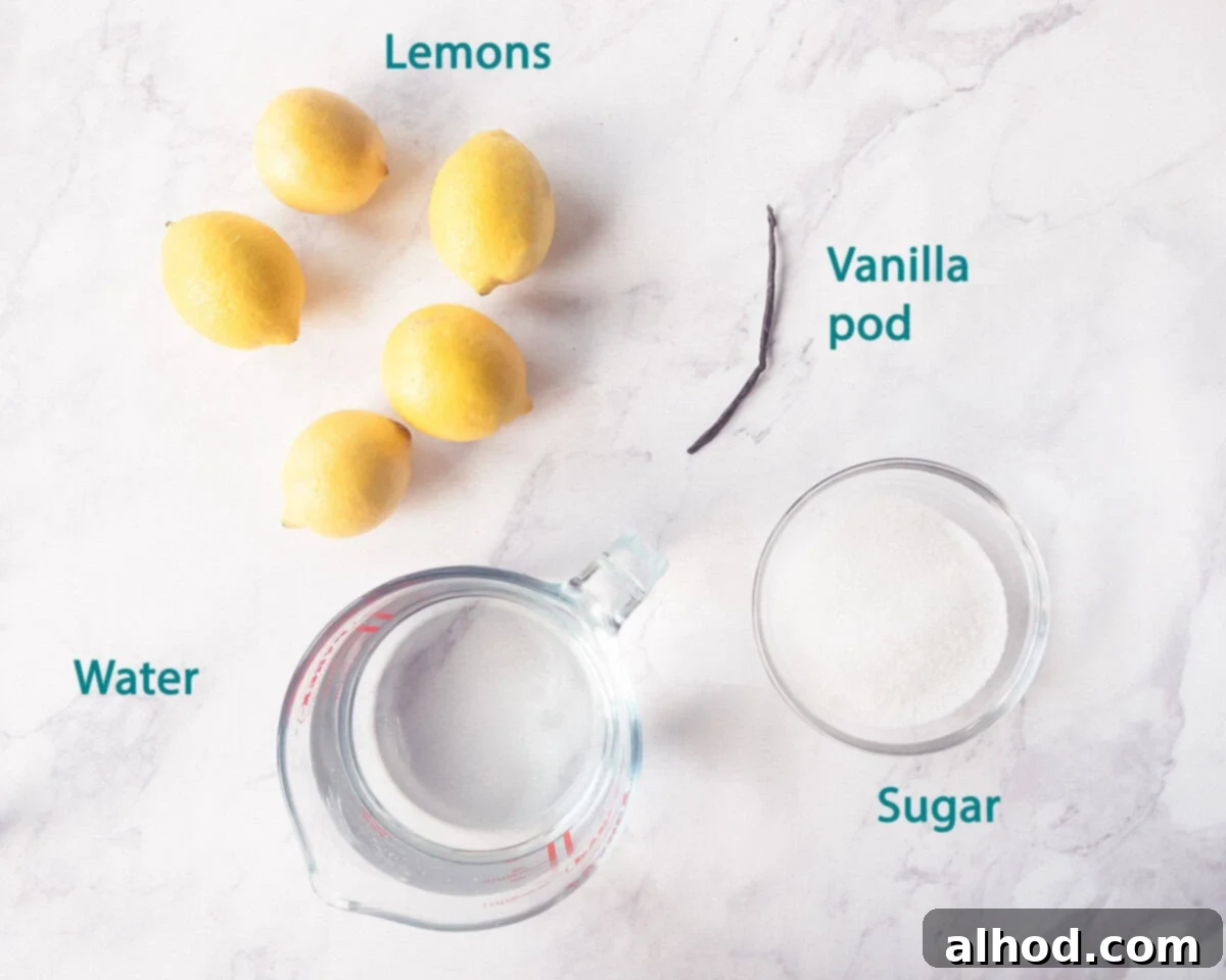 A flat lay image showcasing the fresh ingredients required for Homemade Vanilla Lemonade, including lemons, a vanilla pod, sugar, and water, arranged on a white marbled background with text descriptions.