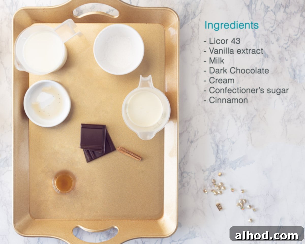 Velvet Licor 43 Hot Chocolate 3 Ingredients for Spiked Hot Chocolate laid out on a golden tray on the left, with a descriptive text on the right side.