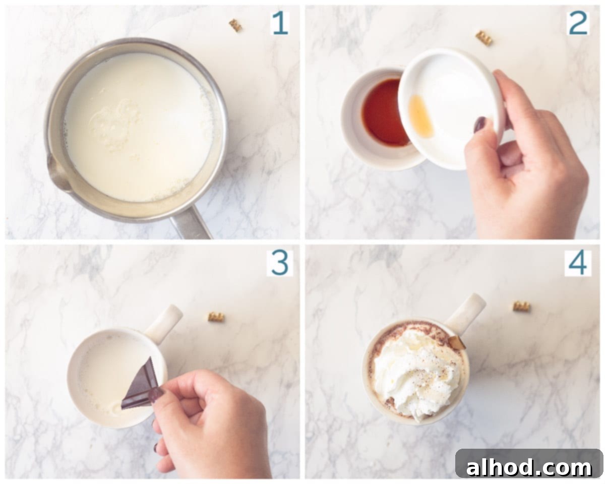 Velvet Licor 43 Hot Chocolate 4 4 collage photo showing the preparation steps for Spiked Hot Chocolate with Licor 43, from heating milk to whipping cream and garnishing.