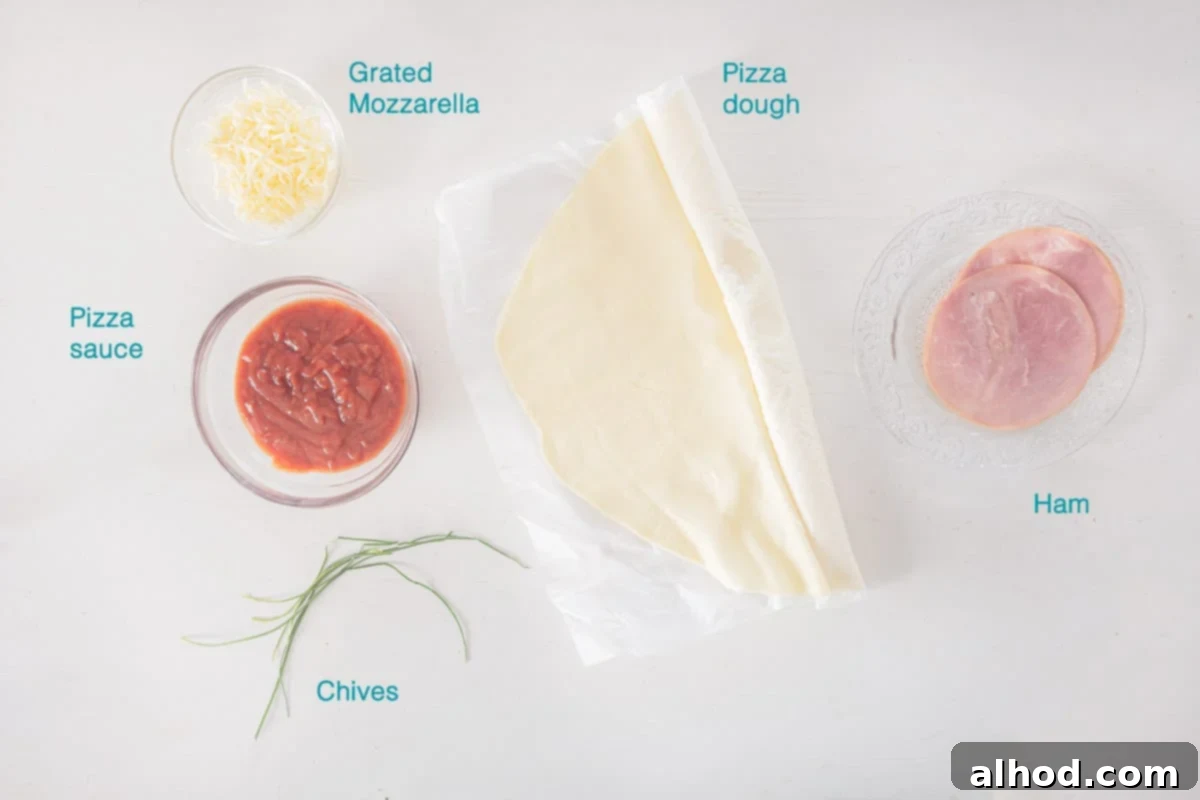 Festive Pizza Bites 3 Ingredients Mini Christmas Pizzas, individually labeled on a white background