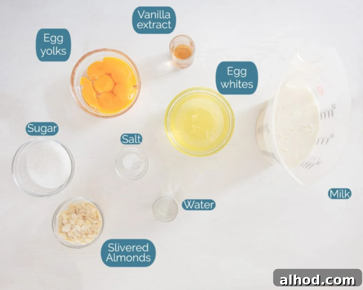 Floating Islands 3 Ingredients Oeufs à la Neige (Snow Eggs), individually labelled on a white background