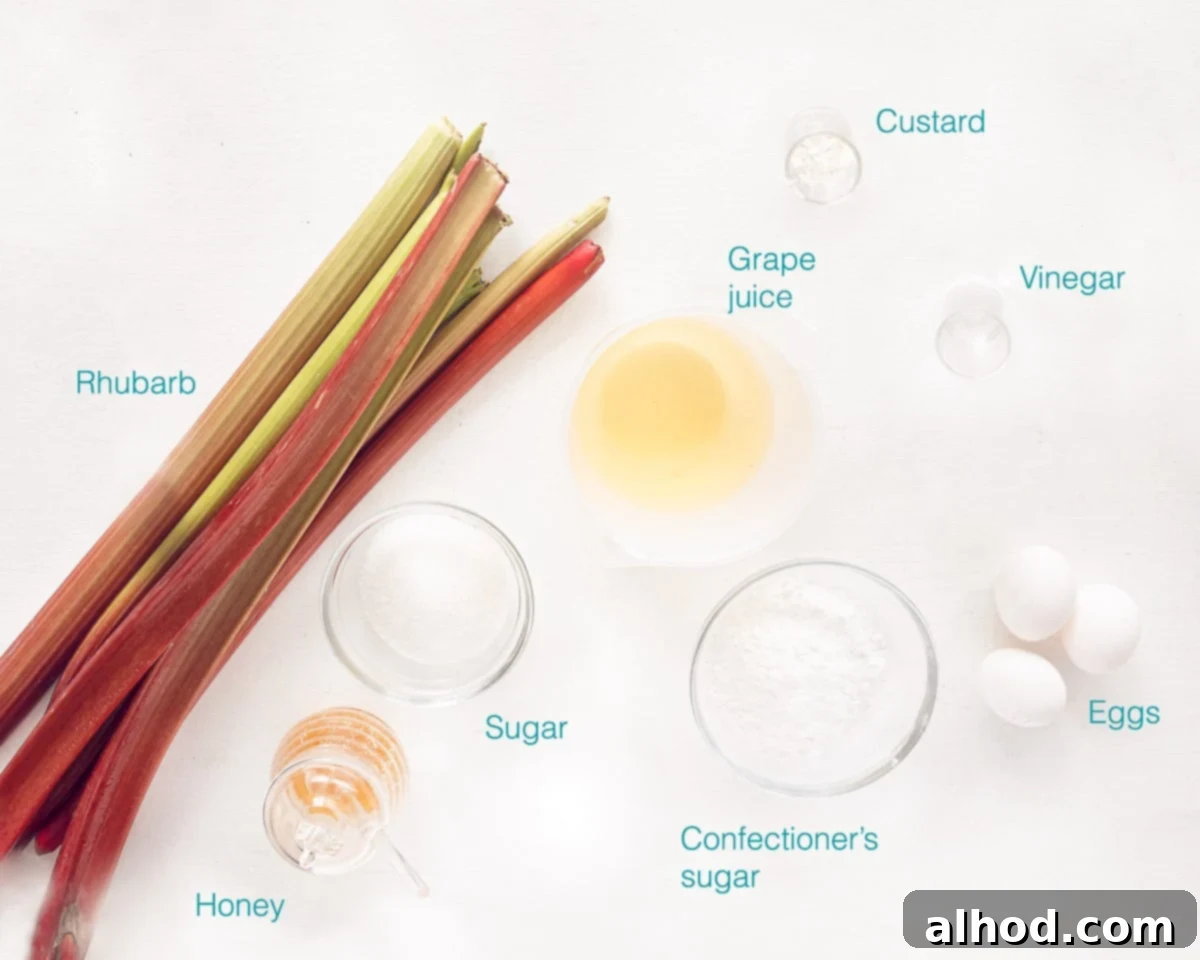 Meringue-Crowned Rhubarb Delight 3 A flat lay photograph of all the ingredients needed for rhubarb custard dessert with meringue, clearly labeled against a white background.