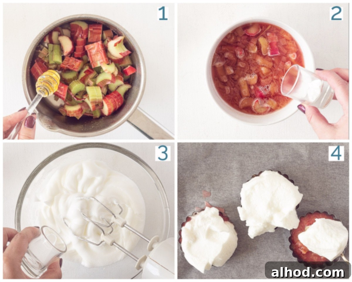 Rhubarb Custard Meringue Cloud 4 Preparation in 4 steps Making rhubarb tarts with foam