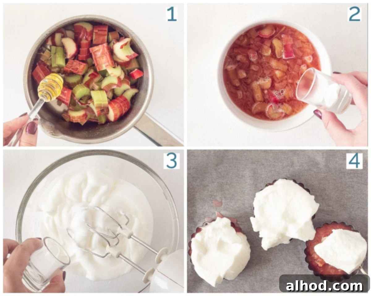 Meringue-Crowned Rhubarb Delight 4 Four images showing the preparation steps of rhubarb tarts with foam, from stewing rhubarb to caramelizing meringue.