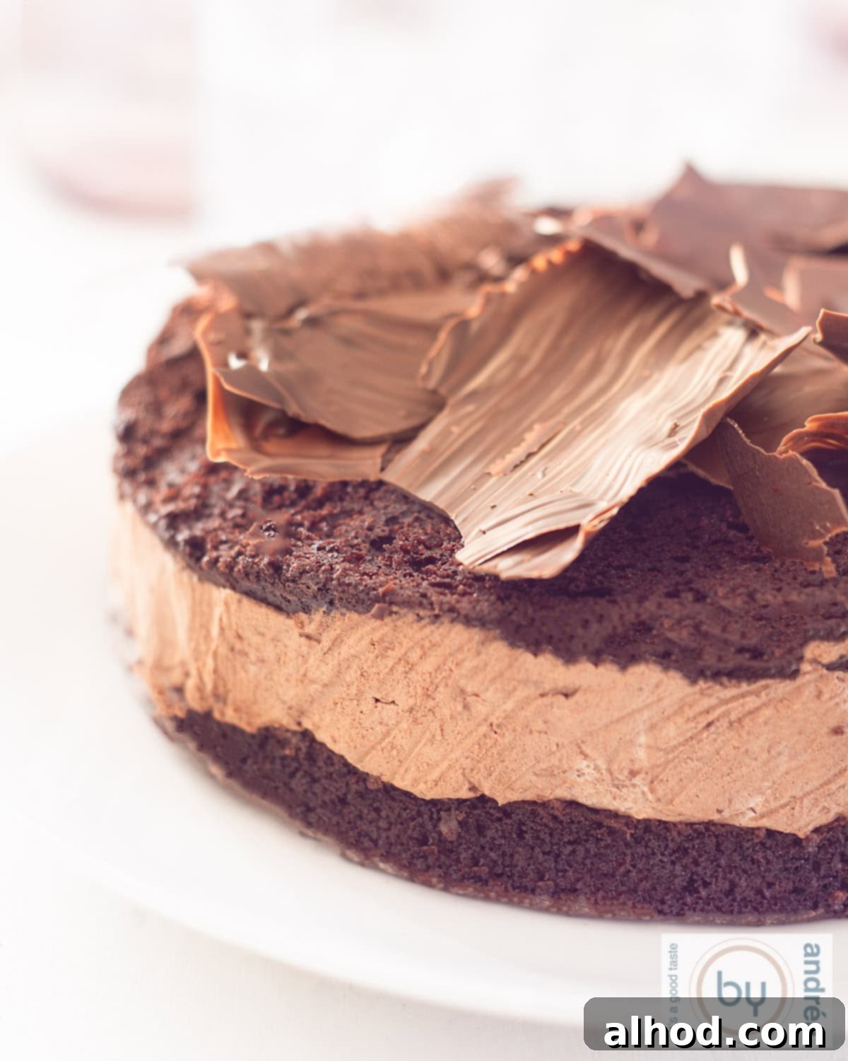 Dark Roast Chocolate Indulgence 2 Een deel van een chocolademoussetaart met chocoladeschilfers erop.
