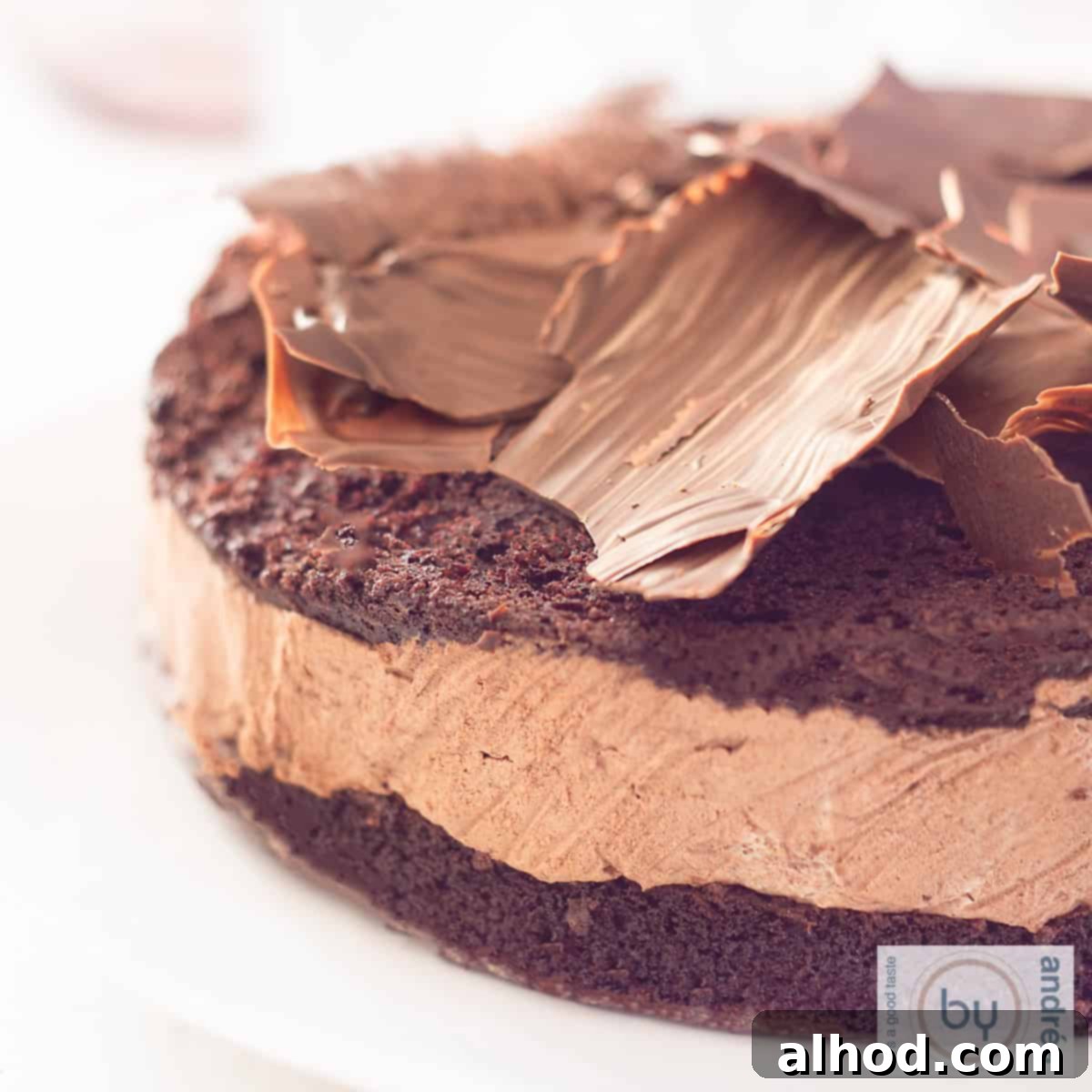 Dark Roast Chocolate Indulgence 4 A square photo of a slice of a chocolate cake with mousse and chocolate flakes, homemade, on top. A white background.