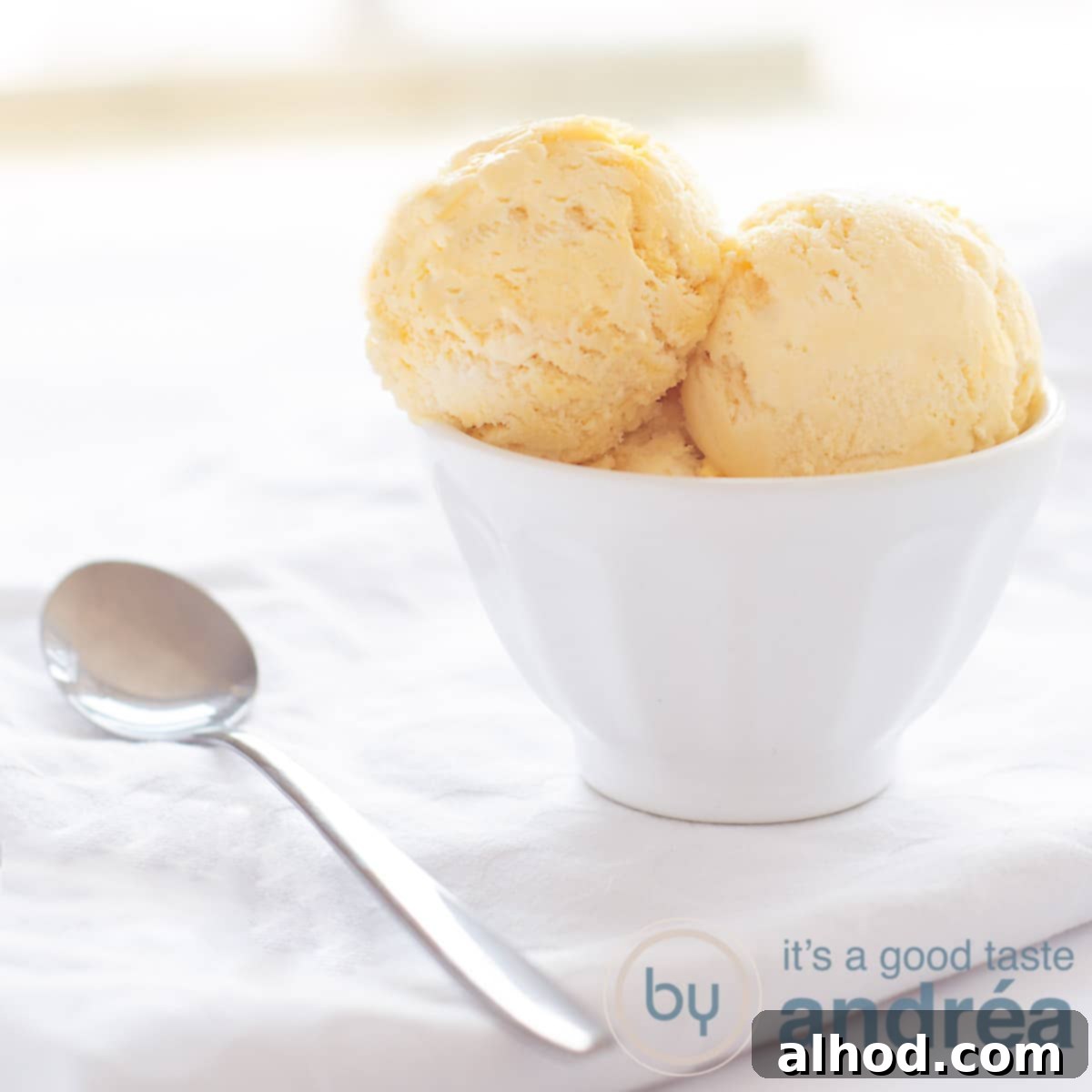 Velvet Cognac Swirl 2 A height photo with a white bowl filled with scoops of cognac ice cream. On a white background. Left a spoon.