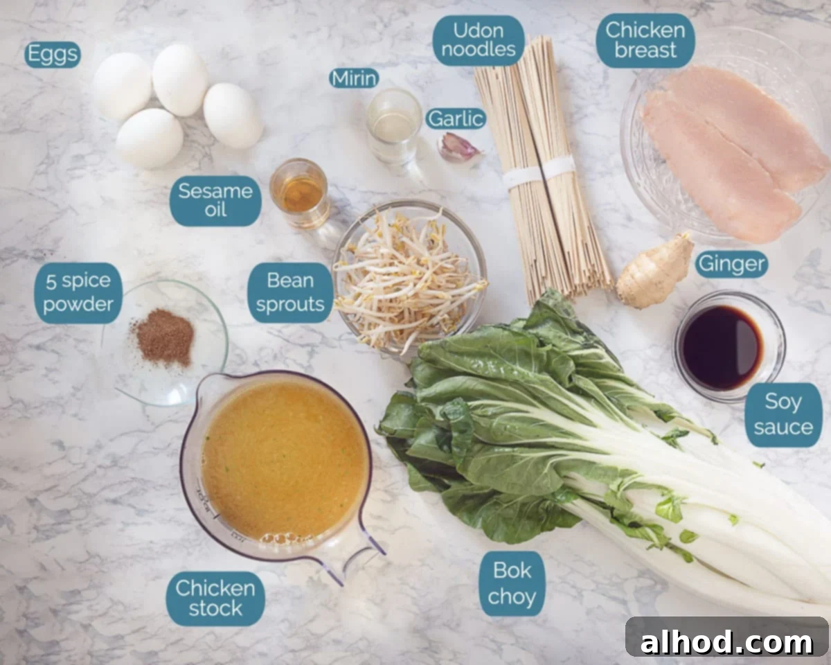 Making Japanese Chicken Ramen at Home 3 A meticulously arranged flat lay of all the essential ingredients needed for Homemade Japanese Chicken Ramen, each item clearly labelled on a pristine white marbled background, highlighting their freshness and quality.