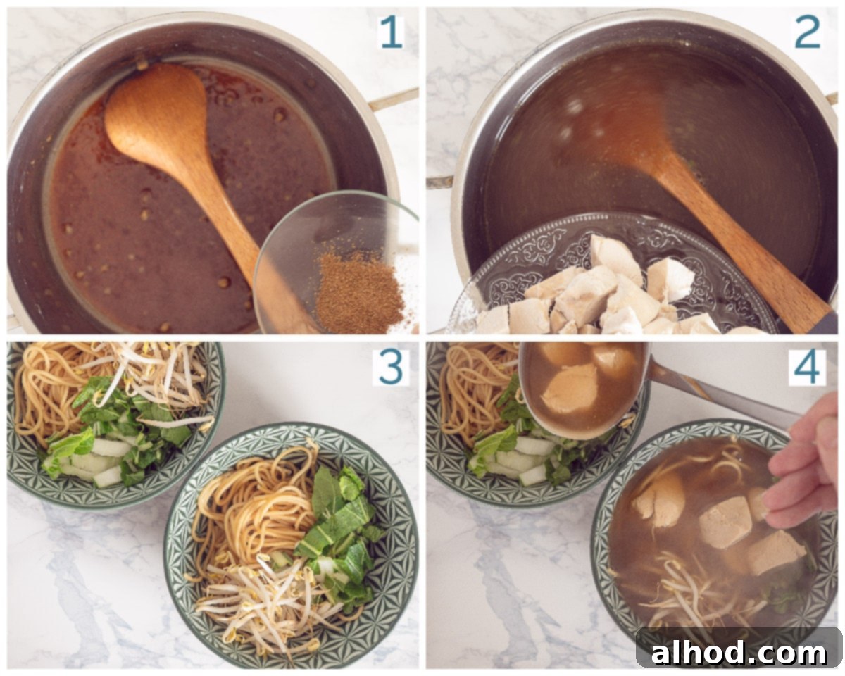 Making Japanese Chicken Ramen at Home 4 A four-panel collage illustrating the key stages of preparing Japanese Ramen Noodle Soup, from simmering the broth to assembling the final bowl with chicken and egg.