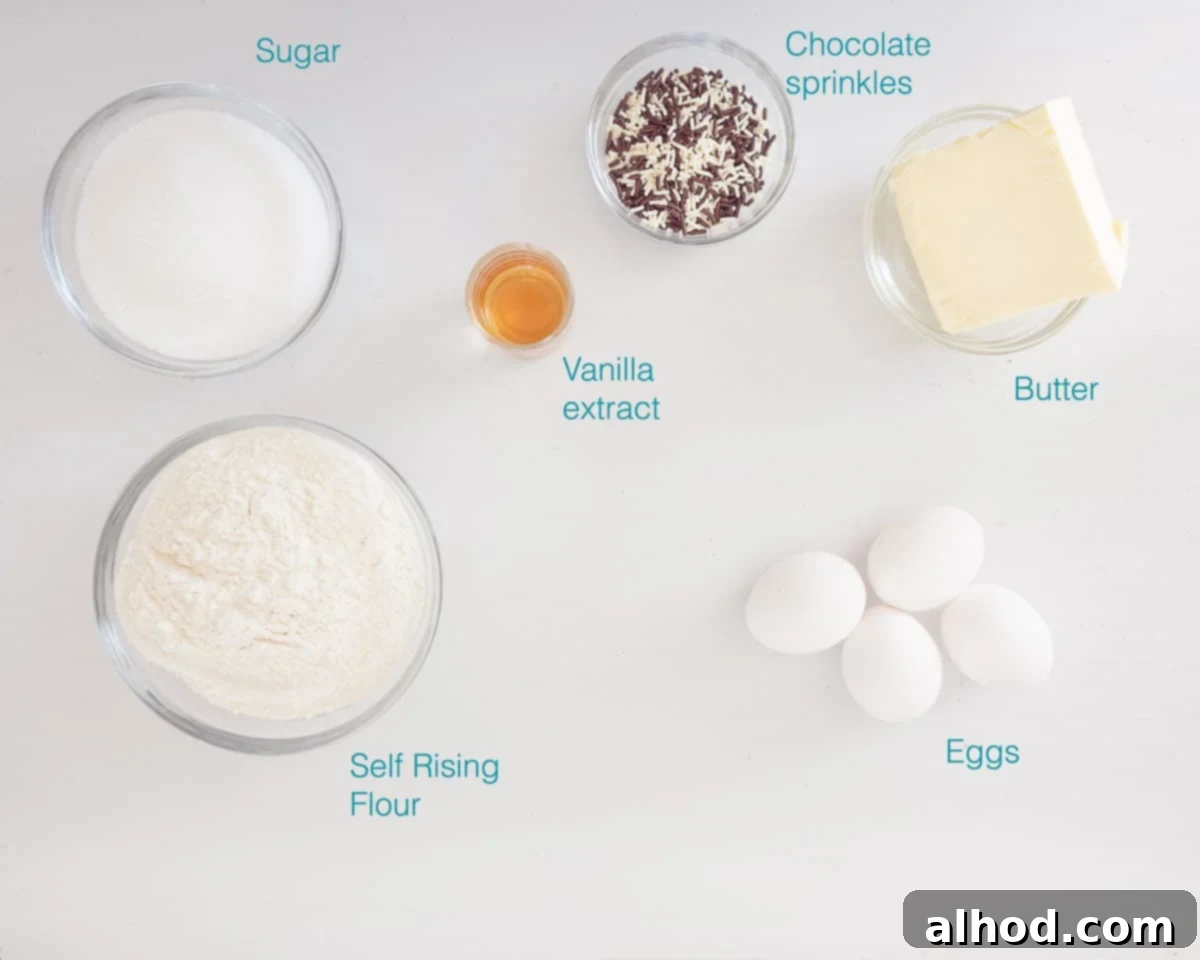 Hagelslag Vanilla Bliss 3 Ingredients for Vanilla Cake with Chocolate Sprinkles, individually labelled on a white background, including butter, sugar, flour, vanilla, eggs, and chocolate sprinkles.
