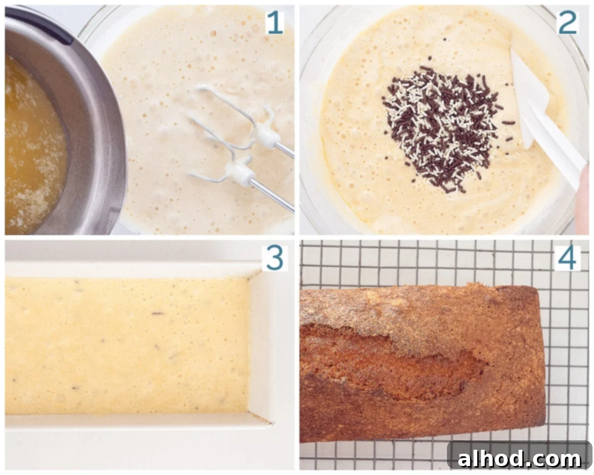 Hagelslag Vanilla Bliss 4 4 photos preparation collage Sprinkles cake recipe, showing melting butter, mixing batter, adding sprinkles, and pouring into a tin.